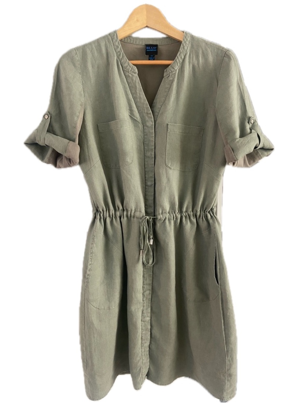 Linen Shirt Dress Small Olive Green Drawstring Waist Button Down Lined Blu's